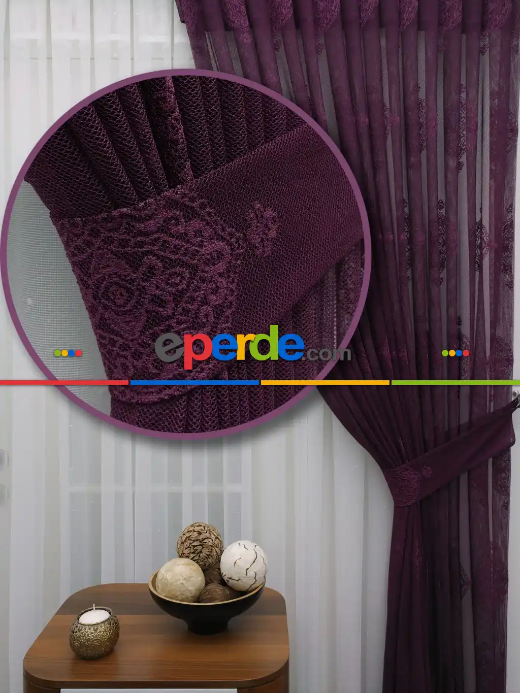 Patlıcan Moru - Damask Desenli Taç Tül Fon Perde- Mor Patlıcan Moru