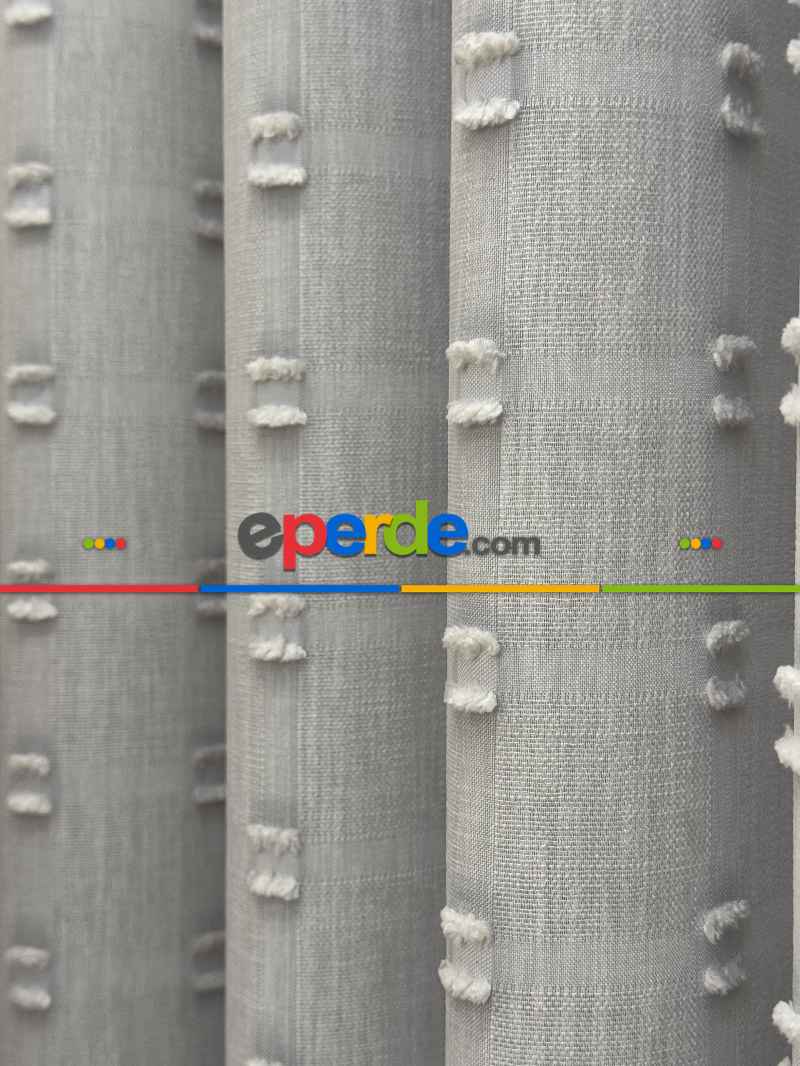 Gri Ponpon Nakışlı Tül Perde, Premium Kalite Seri