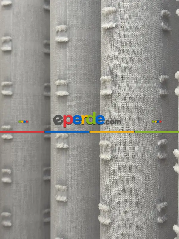 Salon - Gri Ponpon Nakışlı Tül Perde, Premium Kalite Seri