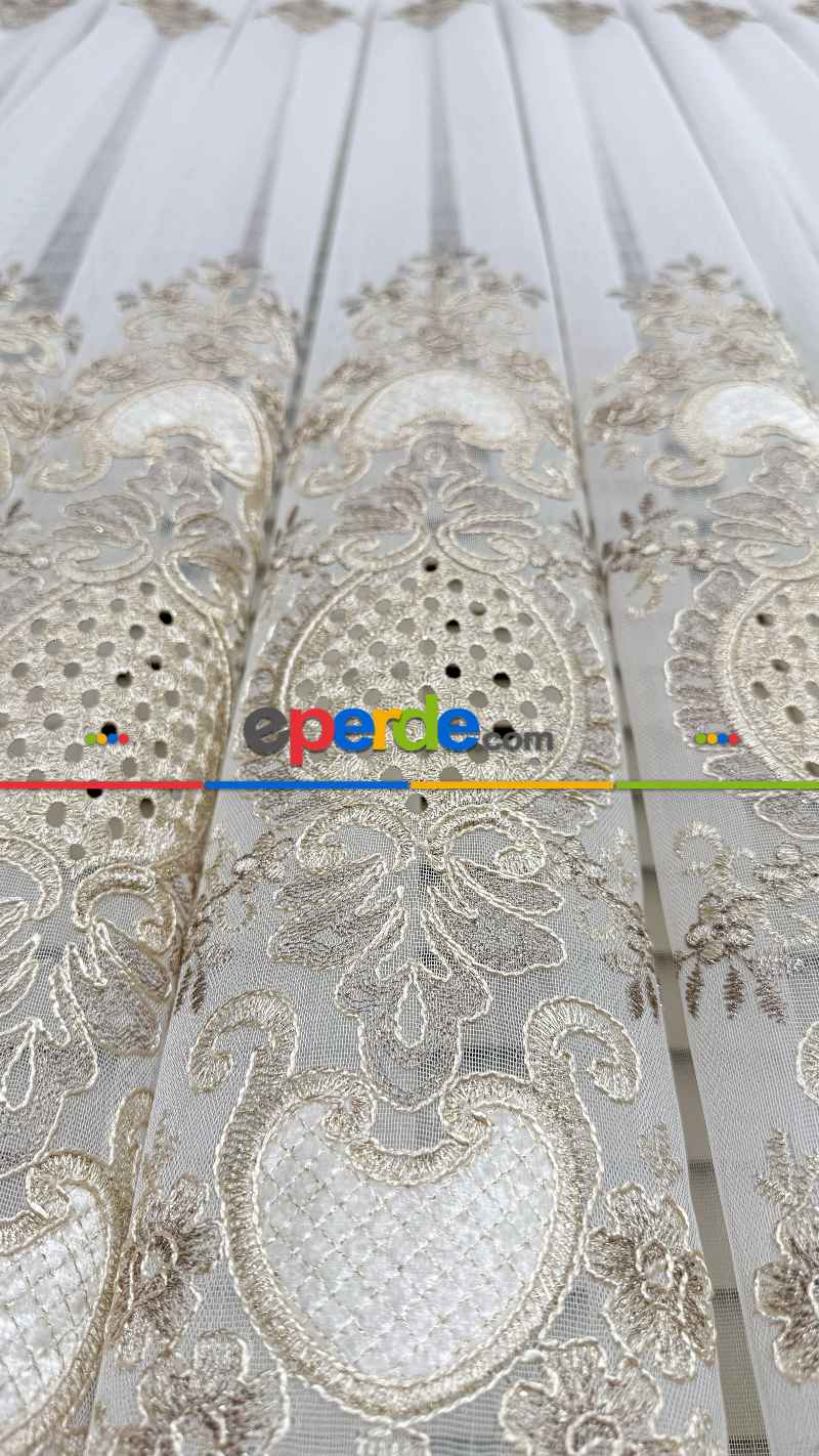 Ekru Altın Özel Dokuma, Özel İplik Brode İşlemeli Tül Perde - Ağır Gramajlı Premium Nakışlı