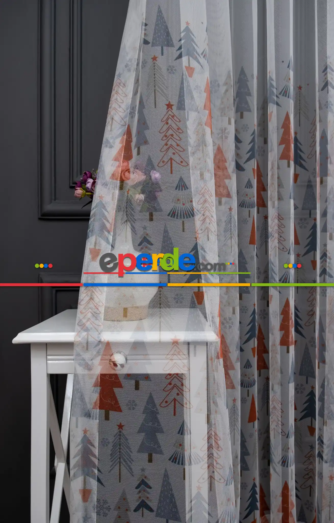 Petek Zemin Turuncu Ve Gri Renkli Çam Ağacı Desenli Grek Baskılı Tül Perde 190cm X 255cm 