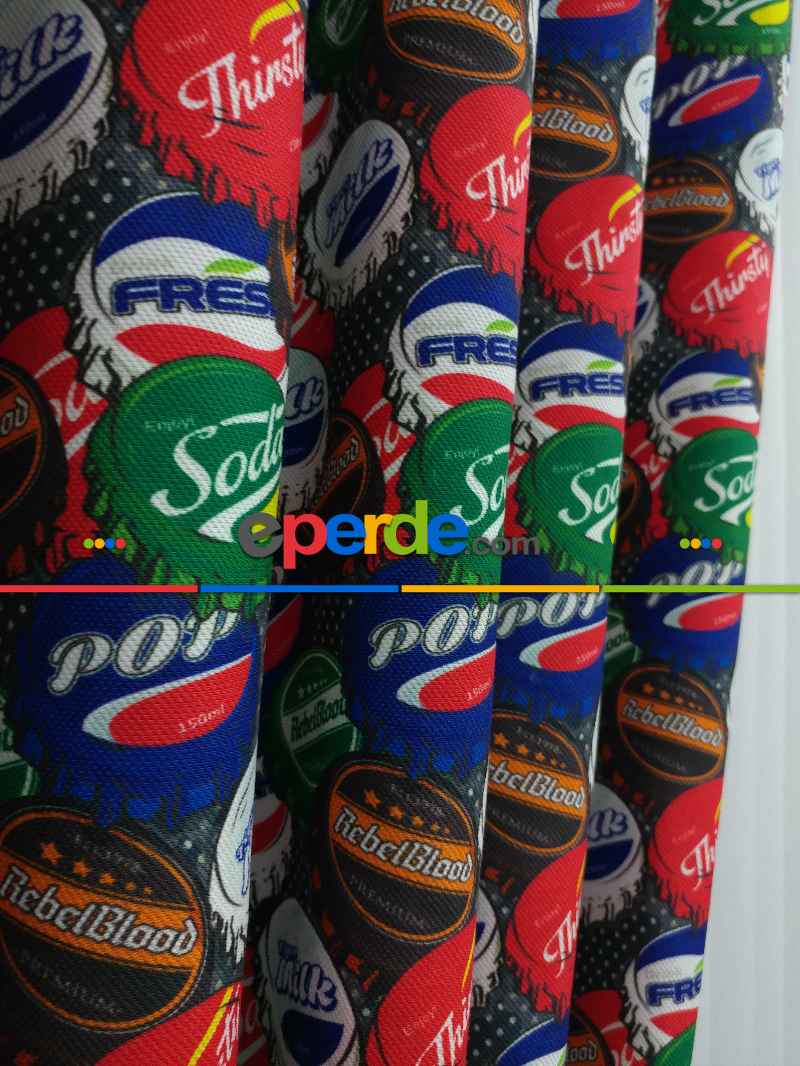 Pop-art Desenli Fon Perde Evm435 -p - Kumaşı Kalındır Duck Bezi Değildir.- Mavi-Kahve-Çok Renkli