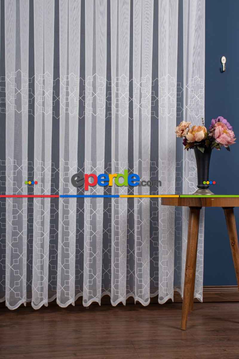 Salon Tül Perde - Geometri Nakış İşlemeli Tül Perde