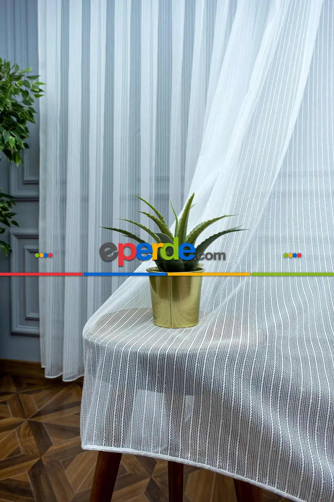 Çizgili Sim Detaylı Parlak Işıltılı Çizgi Burgu Desen Tül Perde - Kurşunlu Tül