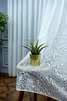 Çizgili Sim Detaylı Parlak Işıltılı Çizgi Burgu Desen Tül Perde - Kurşunlu Tül