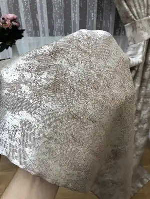 Patinedesenli Bej - Katyonik Jakar Fon Perde- Bej