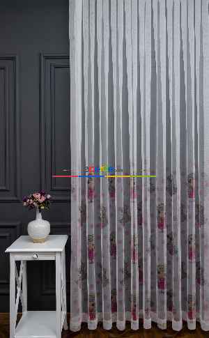 Hazır Ölçülü Petek Zemin Pembe Renkli Prenses Desenli Grek Baskılı Tül Perde