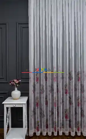 Hazır Ölçülü Petek Zemin Pembe Renkli Prenses Desenli Grek Baskılı Tül Perde