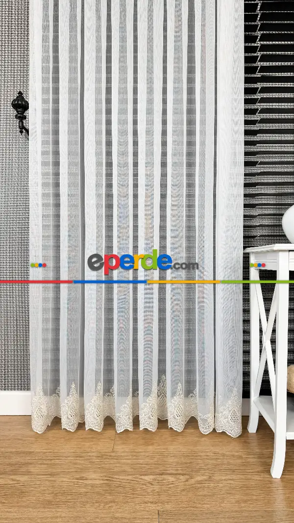 Ekru Açık Altın Etek Ucu Özel İplik Damask Brode İşlemeli Tül Perde - Ağır Gramajlı Premium Nakışlı