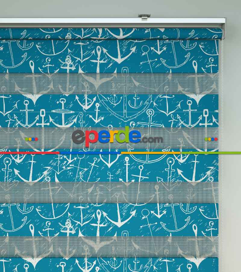 Çocuk Odası Zebra Perde - Çapa Baskılı Zebra Perde- Mavi-Beyaz