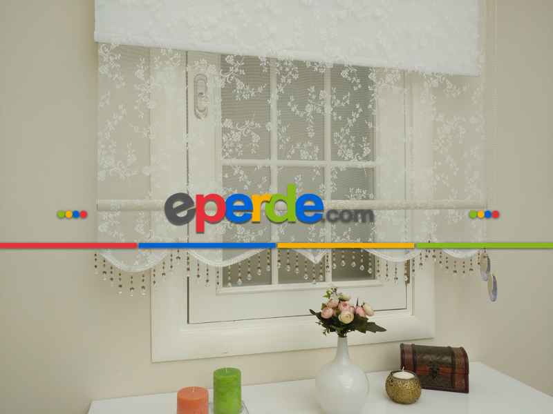 Brillannt - Tül + Stor Perde - Çiçekli Desen Çiftli Sistem Perde - Dallı Çiçek Model- Krem Açık-ekru