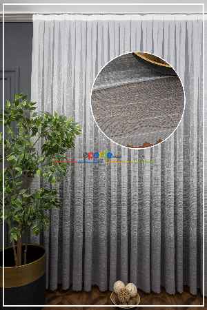 Fırsat Ürünü!! Hazır Ölçülü Gri Modern Çizgili Örme Tül - Eteği Açık Gri Üstü Ekru Renk ( Degrade Geçişli )
