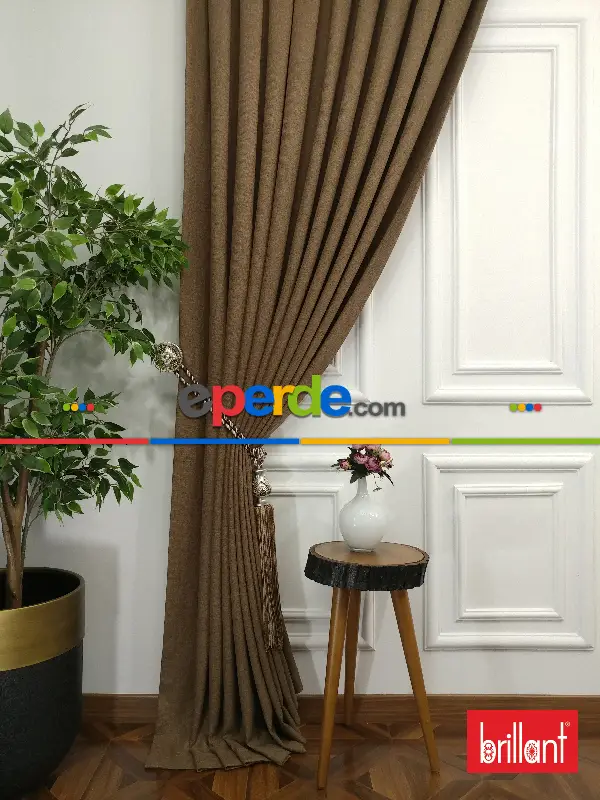 Yatak Odası - Brillant Keten Kahve Renk Düz Fon Perde - Kahve Açık