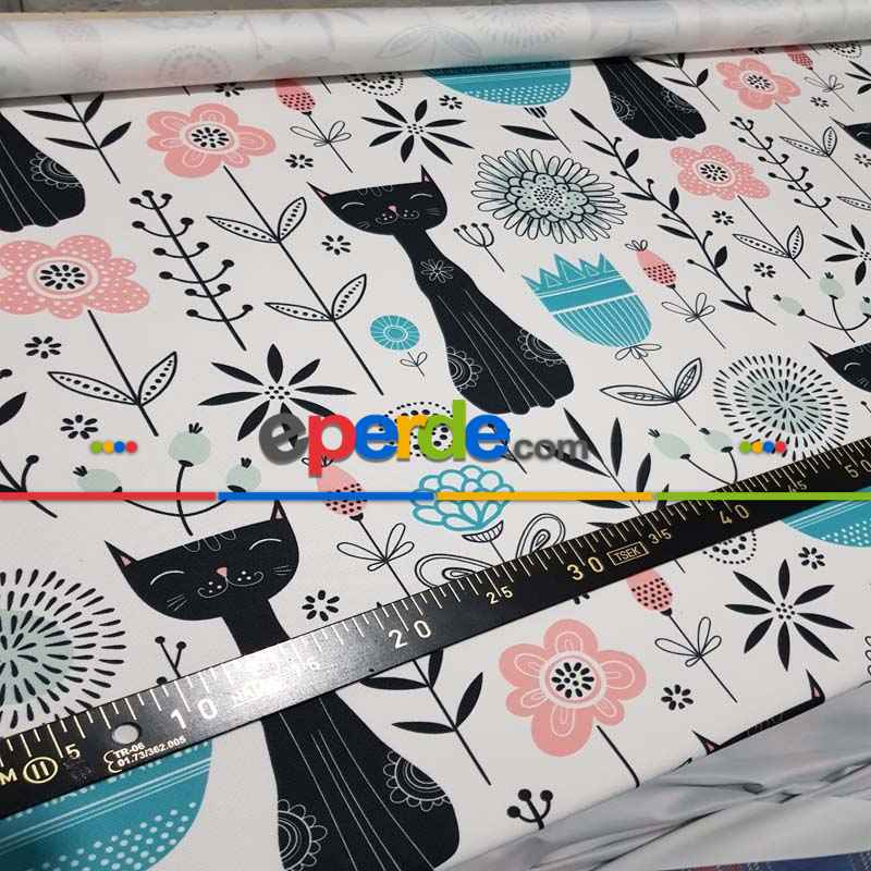 Kedi Desenli Fon Perde Evm720 Kumaşı Kalındır Duck Bezi Değildir- Siyah-Mavi-Beyaz-Pembe Açık