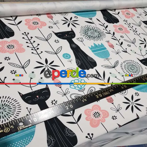 Kedi Desenli Fon Perde Evm720 Kumaşı Kalındır Duck Bezi Değildir- Siyah-Mavi-Beyaz-Pembe Açık