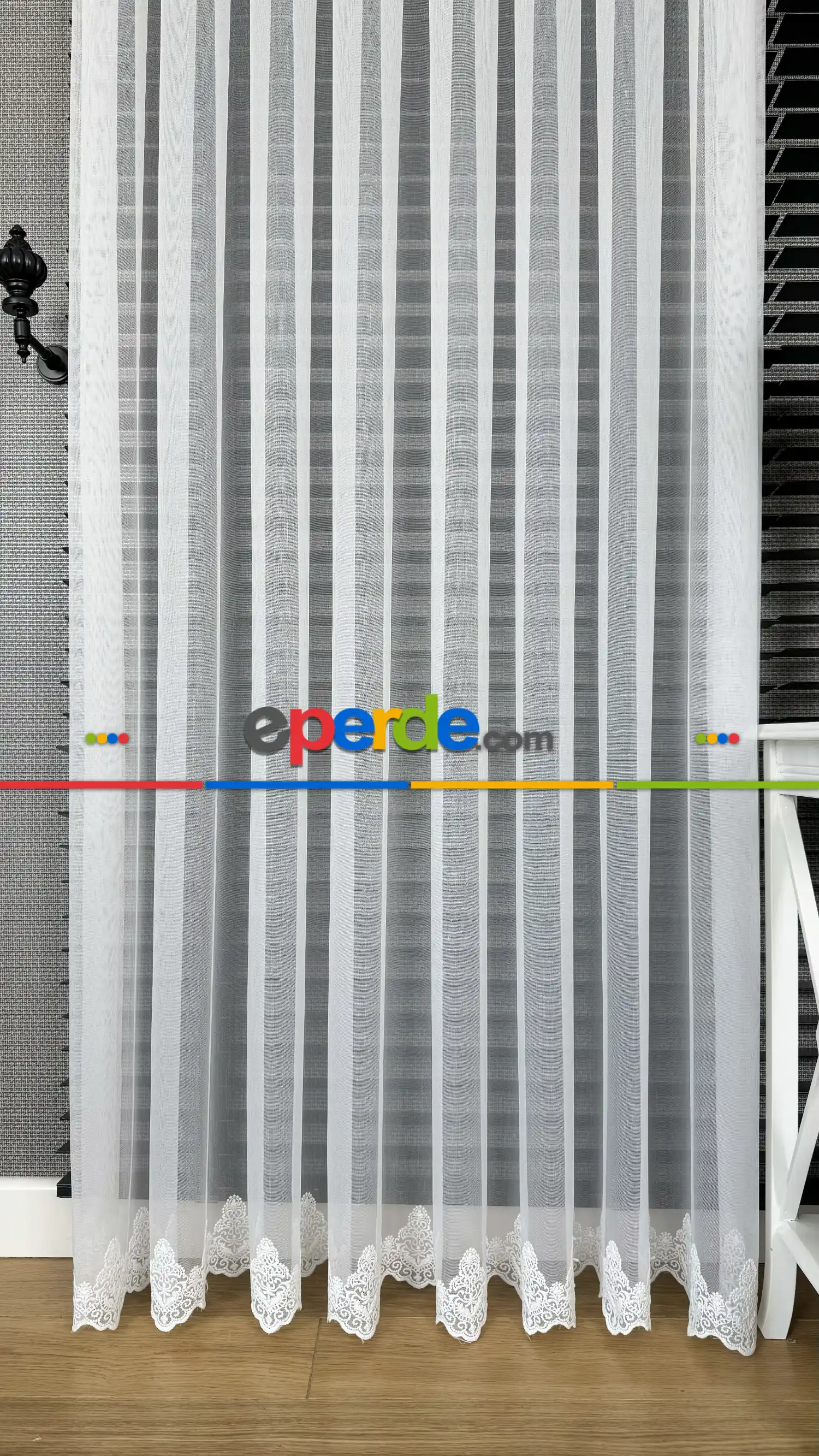 Ekru Etek Ucu Özel İplik Hafif Simli Brode İşlemeli Tül Perde - Ağır Gramajlı Premium Nakışlı