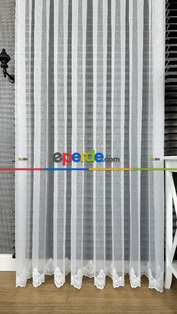 Ekru Etek Ucu Özel İplik Hafif Simli Brode İşlemeli Tül Perde - Ağır Gramajlı Premium Nakışlı