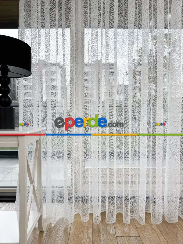 Salon - Desenli Fransız Dantel Örme Tül Perde, Desenli Ütü İstemeyen Tül