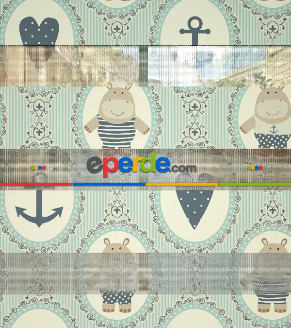 Çocuk Odası Zebra Perde - Çapa Ve Kalp Baskılı Zebra Perde- Gri-Füme-Antrasit-Beyaz-Su Yeşili