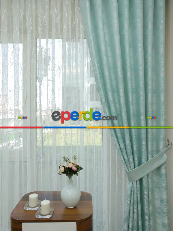 Patinedesenli Su Yeşil - Katyonik Jakar Fon Perde- Su Yeşili