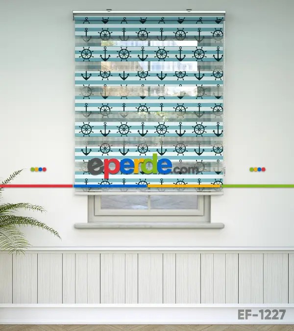 Çapa Baskılı Zebra Perde- Siyah-mavi-beyaz