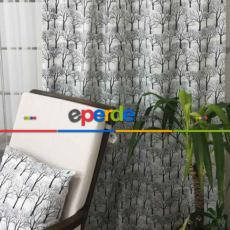 Siyah Mutfak Perdesi Kanat Fon Perde  Ağaç Desenli- Siyah