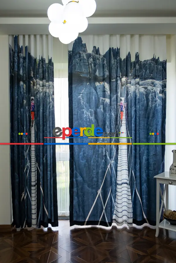 Hazır Ölçülü Dökümlü Kumaştan Köprü Ve Dağcı Manzaralı Baskılı Pilesiz Fon Perde 1. Kalite 180cm X 255cm 