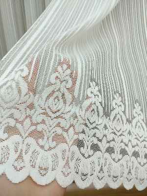 Kısa Boylu Boyuna Çizgili Etek Ucu Desenli Tül Perde - Petek Üstü Boy- Ekru