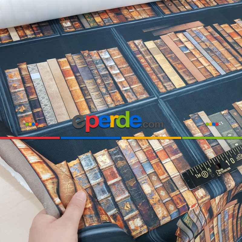 Genç Odası - Kitaplık Desenli Fon Perde Evm1077 Kumaşı Kalındır Duck Bezi Değildir- Kahverengi