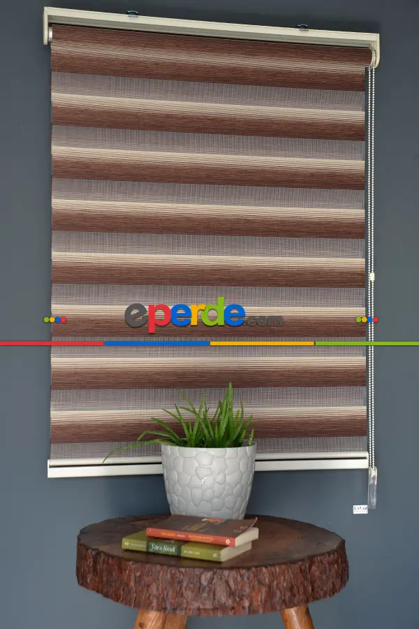 Halim Perdesan Yz-04 Krem & Koyu Kahverengi Renk Etekli Veya Eteksiz Zebra Stor Perde