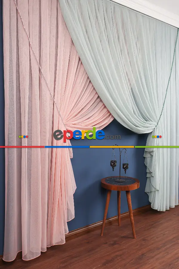 Salon Tül - Pudra - Mint Renkli Krevize Düz Tül Perde ( Kordon Hediyeli )