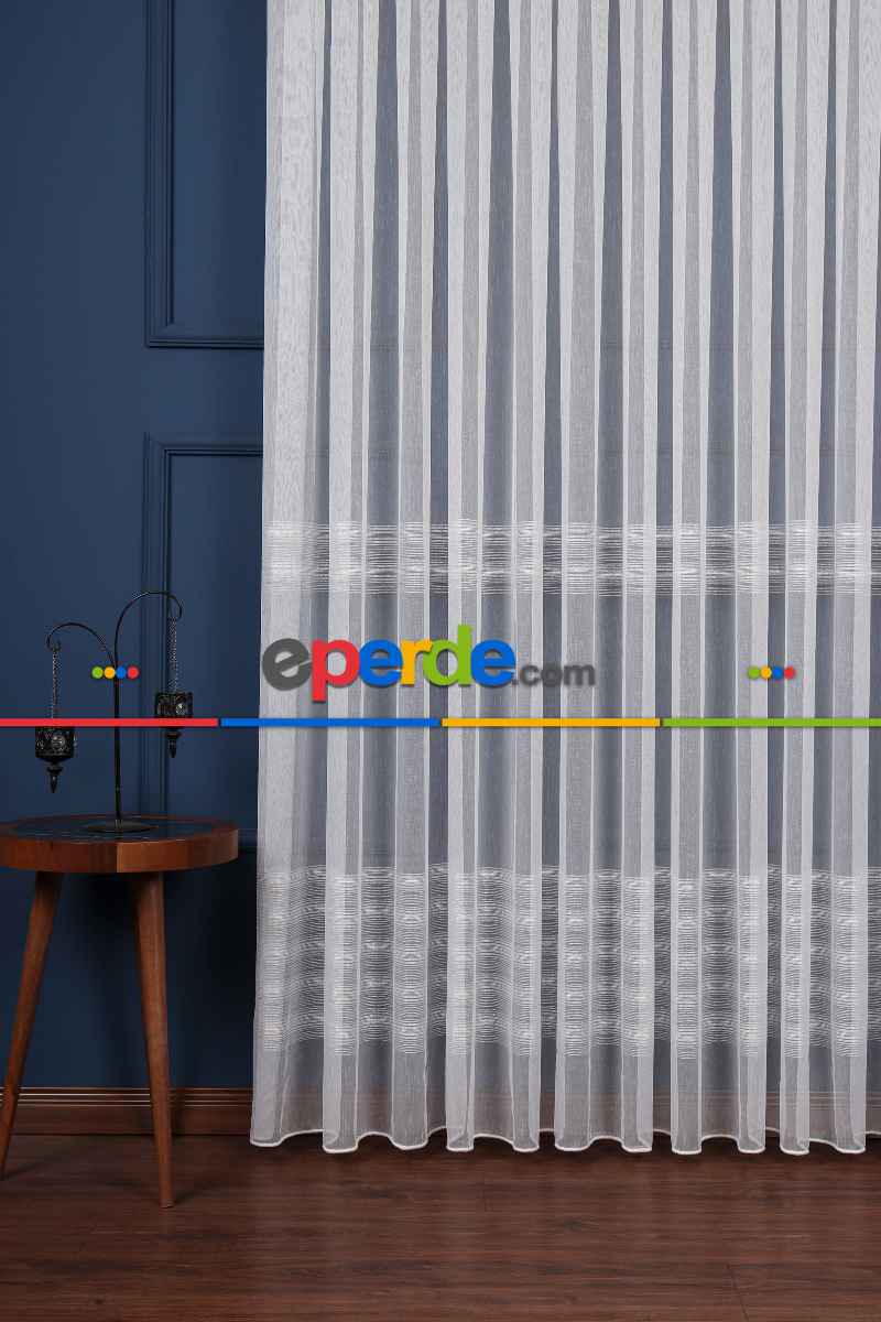 Yatak Odası - Enine Bantlı Simli Düz Tül Perde Ütü Istemez