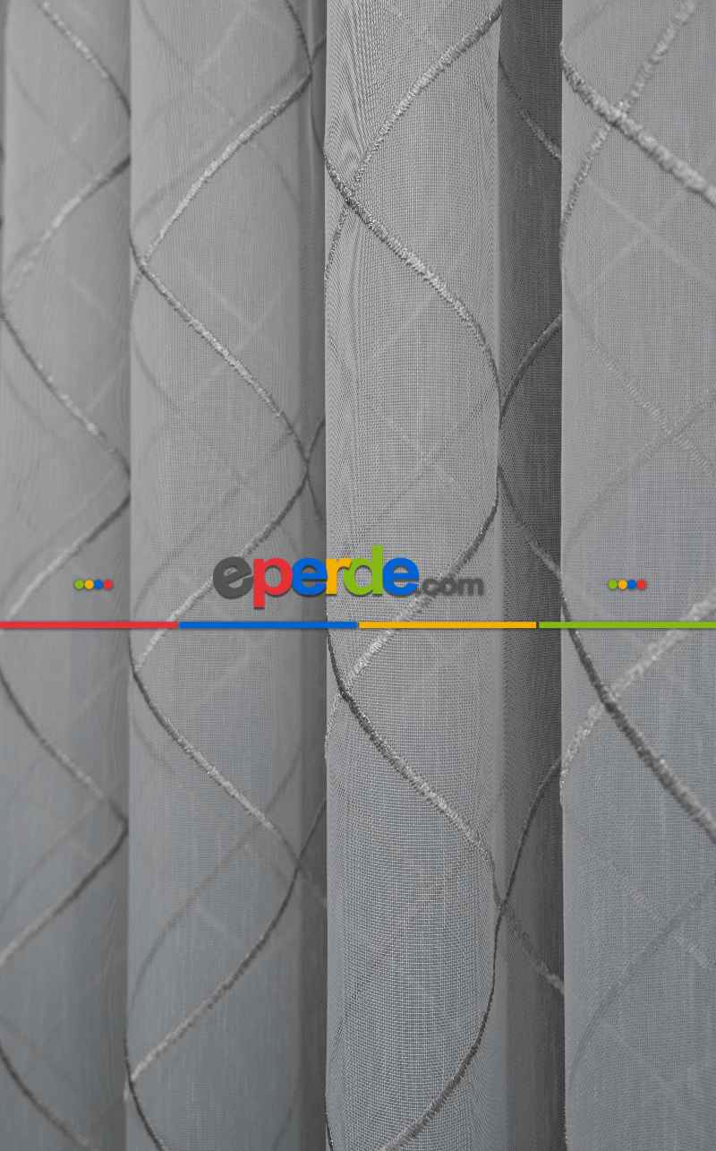 Yatak Odası - Geometik Desenli Tül Perde - Ekru - Gümüş