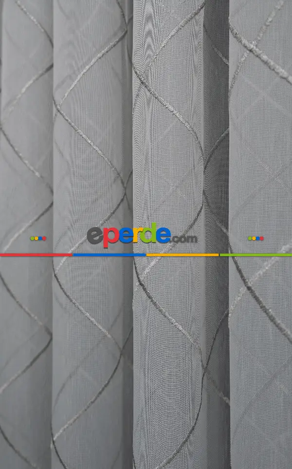 Salon - Geometik Desenli Tül Perde - Ekru - Gümüş