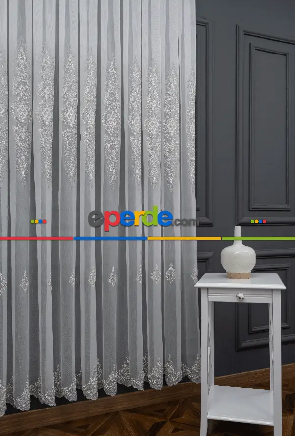 Oturma Odası - Alangart Nakışlı Tül Perde - Ekru - Gri