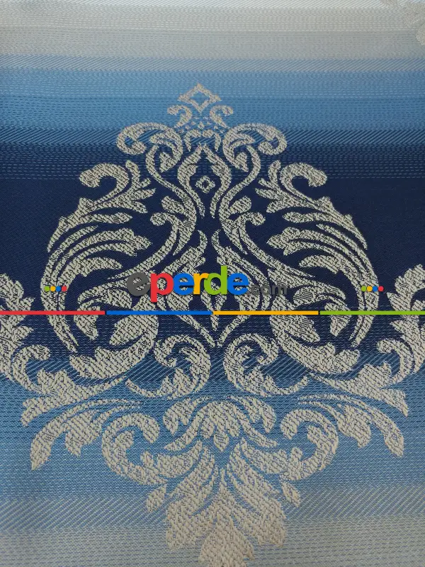 Renk Geçişli Jakar Desenli Salon Fon Perdesi - Lacivert - Mavi - Bej- Lacivert-mavi-bej
