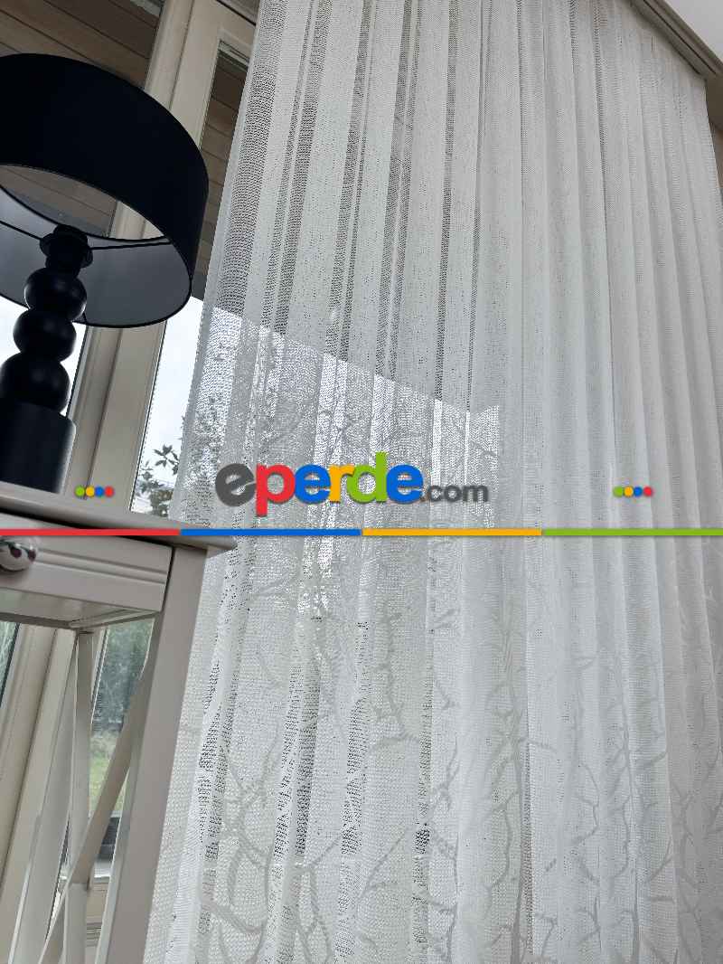 Oturma Odası - Sarmaşık Dal Desenli Fransız Dantel Örme Tül Perde, Desenli Ütü İstemeyen Tül