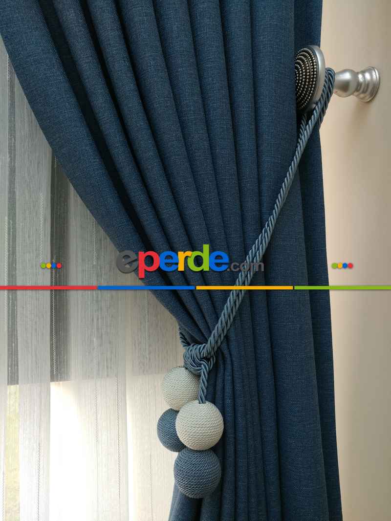 Keten Mavi Renk Düz Fon Perde - Mavi