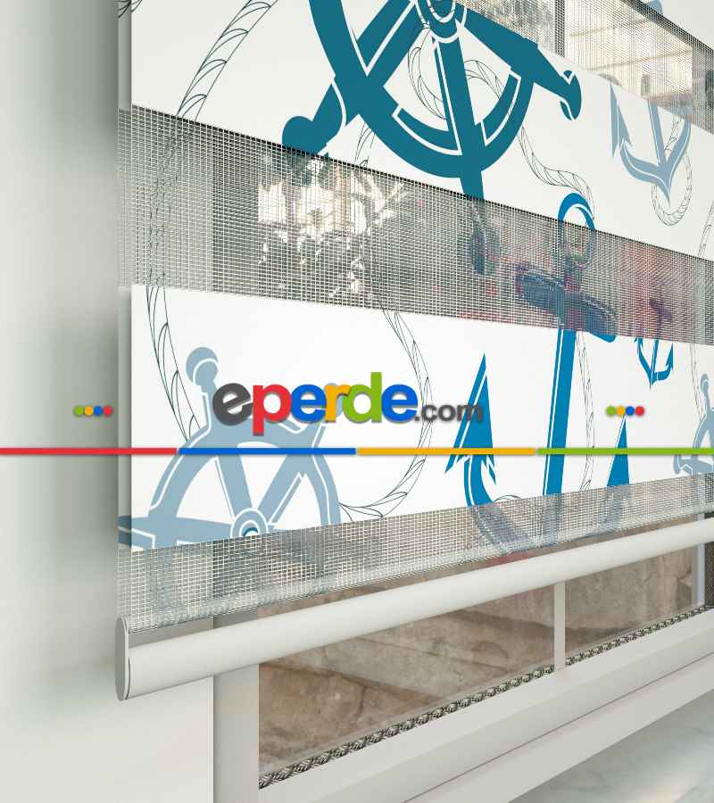 Bebek Odası Zebra Perde - Çapa Ve Dümen Baskılı Zebra Perde- Mavi-Beyaz