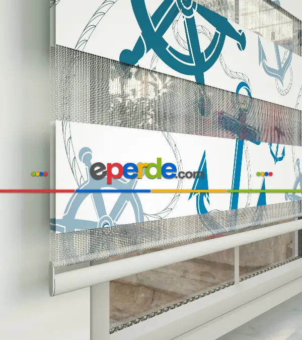 Bebek Odası Zebra Perde - Çapa Ve Dümen Baskılı Zebra Perde- Mavi-Beyaz