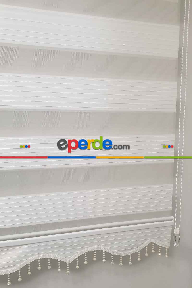 Brillant Beyaz/krem Boncuklu Boncuksuz Zebra Perde- Beyaz