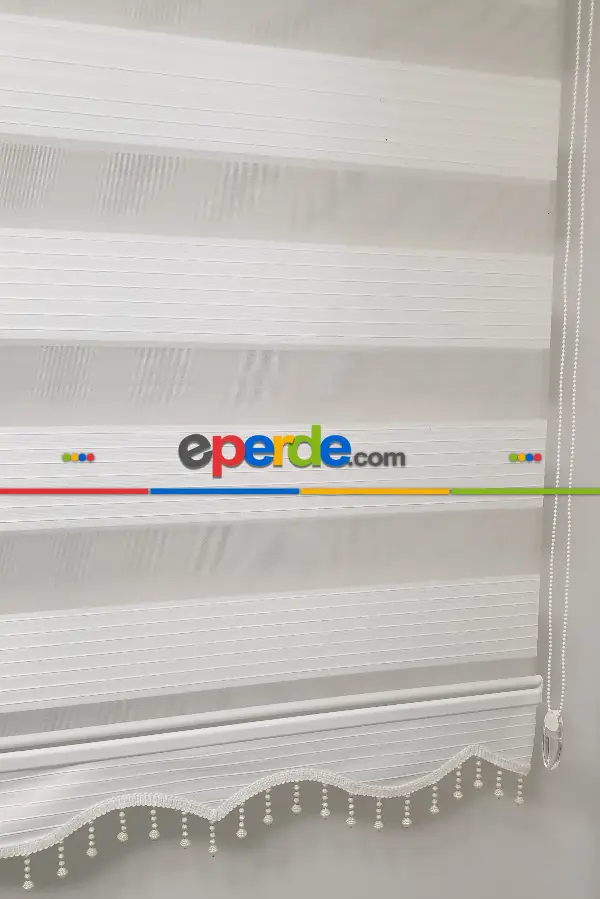 Brillant Beyaz/krem Boncuklu Boncuksuz Zebra Perde- Beyaz