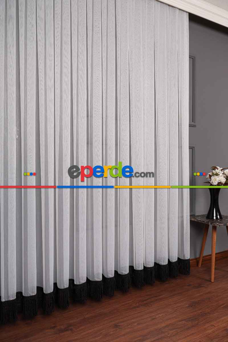 Yeni Trend Eteği Siyah Saçaklı Keten Tül Perde