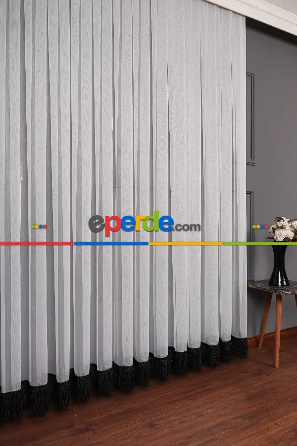 Yeni Trend Eteği Siyah Saçaklı Keten Tül Perde