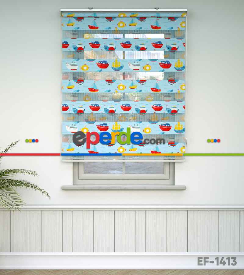 Bebek Odası Zebra Perde - Gemi Desen Baskılı Zebra Perde- Çok Renkli