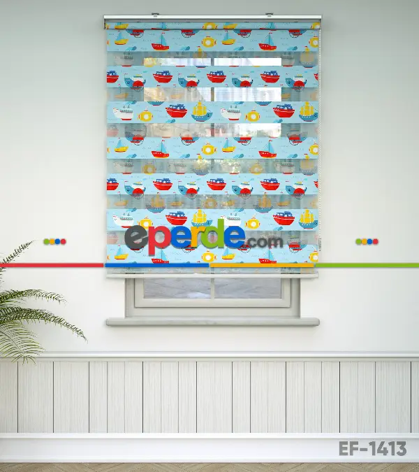 Bebek Odası Zebra Perde - Gemi Desen Baskılı Zebra Perde- Çok Renkli