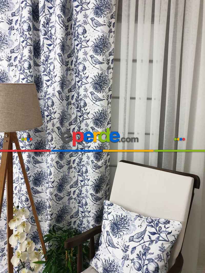 Kuş Desenli Fon Perde Evm580 Kumaşı Kalındır Duck Bezi Değildir- Beyaz