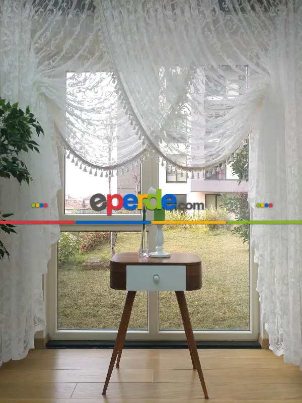 Kruvaze Tül Perde - Saçak Opsiyonel - Örme Zemin- Ekru