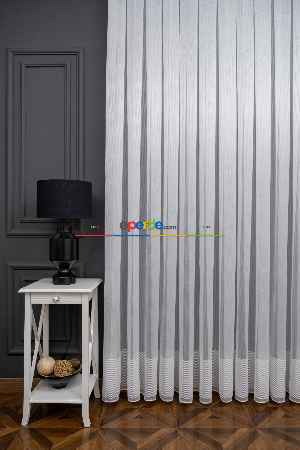 Hazır Ölçülü Örme Eteği Bantlı Sugar Tül Perde - Ekru