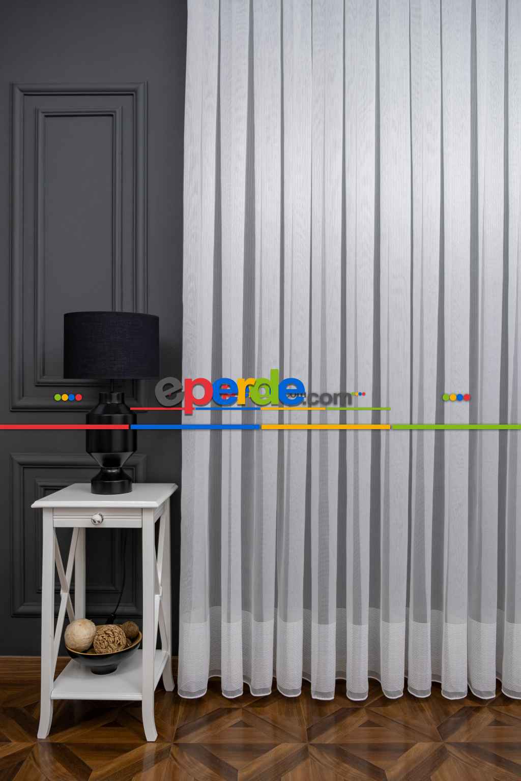 Hazır Ölçülü Örme Eteği Bantlı Sugar Tül Perde - Ekru